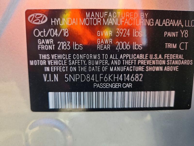 60280806 :رقم المزاد ، 5NPD84LF6KH414682 vin ، 2019 Hyundai Elantra مزاد بيع