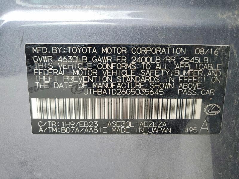 62528446 :رقم المزاد ، JTHBA1D26G5035645 vin ، 2016 Lexus Is مزاد بيع