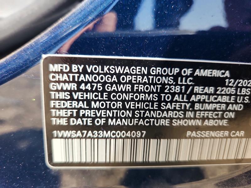Продаж на аукціоні авто 2021 Volkswagen Passat, vin: 1VWSA7A33MC004097, номер лоту: 57546876