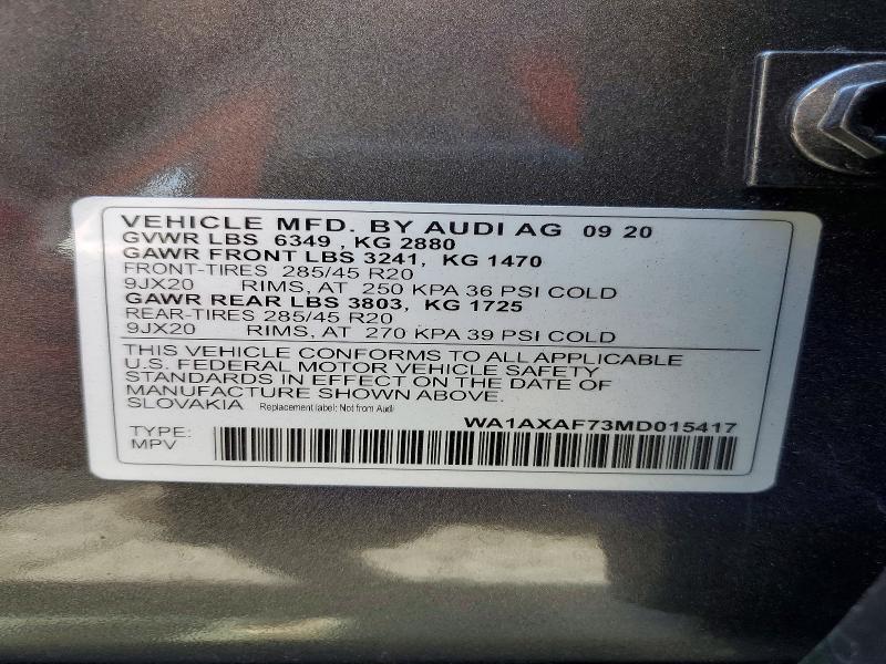 2021 Audi Q7 მანქანა იყიდება აუქციონზე, vin: WA1AXAF73MD015417, აუქციონის ნომერი: 62106726