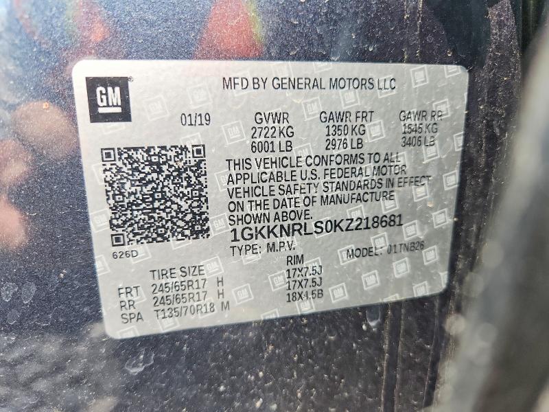 60697226 :رقم المزاد ، 1GKKNRLS0KZ218681 vin ، 2019 Gmc Acadia مزاد بيع