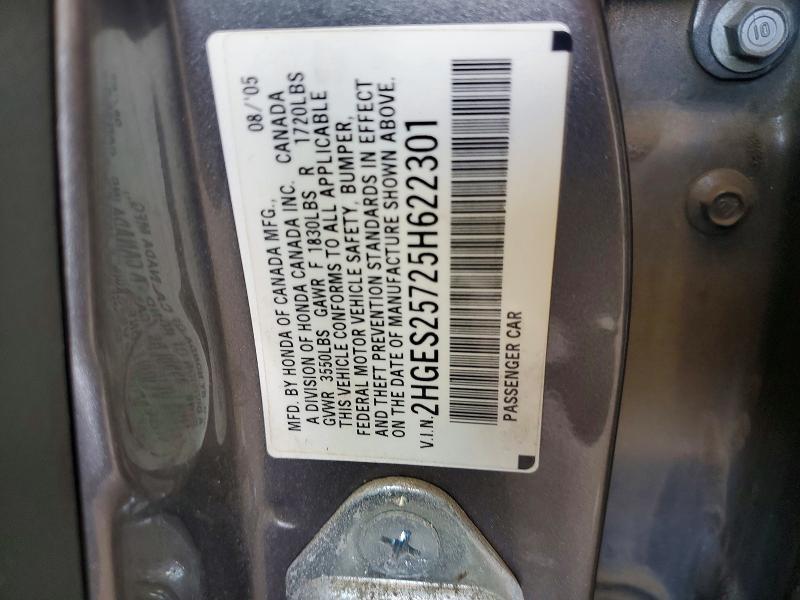 Aukcja sprzedaży 2005 Honda Civic, vin: 2HGES25725H622301, numer aukcji: 63409586
