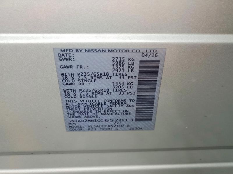 2016 Nissan Pathfinder მანქანა იყიდება აუქციონზე, vin: 5N1AR2MN1GC652013, აუქციონის ნომერი: 61759606