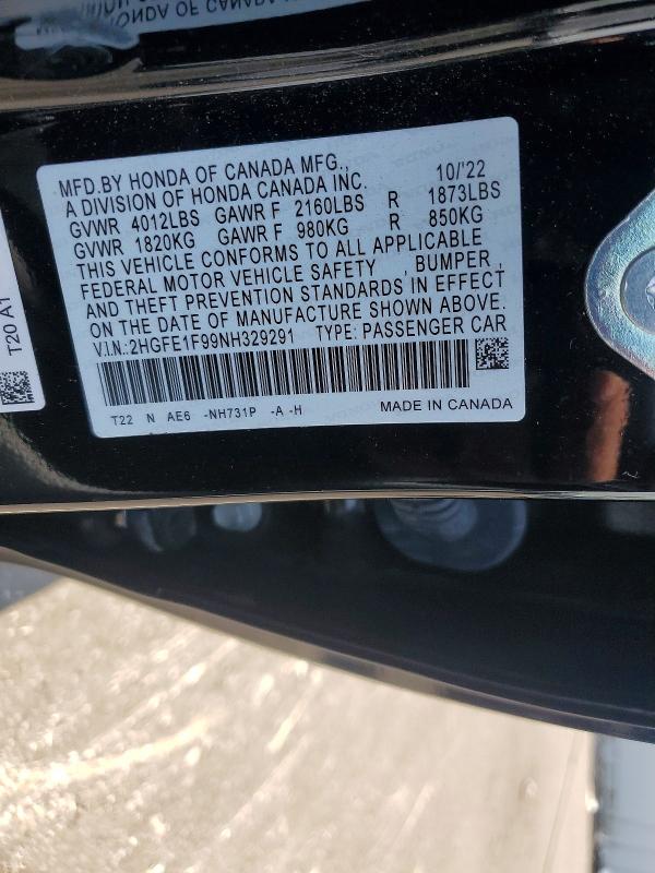 Продажа на аукционе авто 2022 Honda Civic, vin: 2HGFE1F99NH329291, номер лота: 61731256
