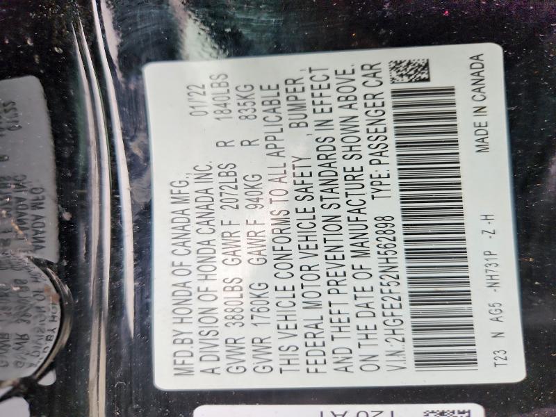 2022 Honda Civic მანქანა იყიდება აუქციონზე, vin: 2HGFE2F52NH562898, აუქციონის ნომერი: 60386546