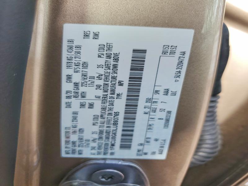 2020 Ford Escape მანქანა იყიდება აუქციონზე, vin: 1FMCU0G63LUB93765, აუქციონის ნომერი: 59971006