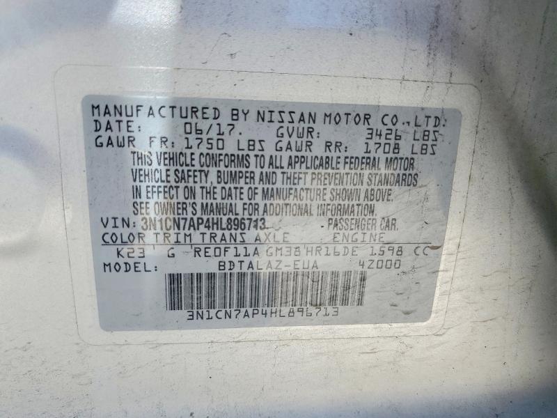 2017 Nissan Versa მანქანა იყიდება აუქციონზე, vin: 3N1CN7AP4HL896713, აუქციონის ნომერი: 62386586
