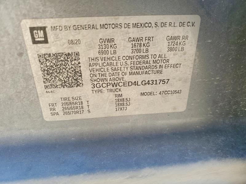 Aukcja sprzedaży 2020 Chevrolet Silverado, vin: 3GCPWCED4LG431757, numer aukcji: 59725596