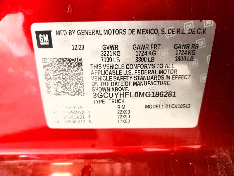 Aukcja sprzedaży 2021 Chevrolet Silverado, vin: 3GCUYHEL0MG186281, numer aukcji: 60575586
