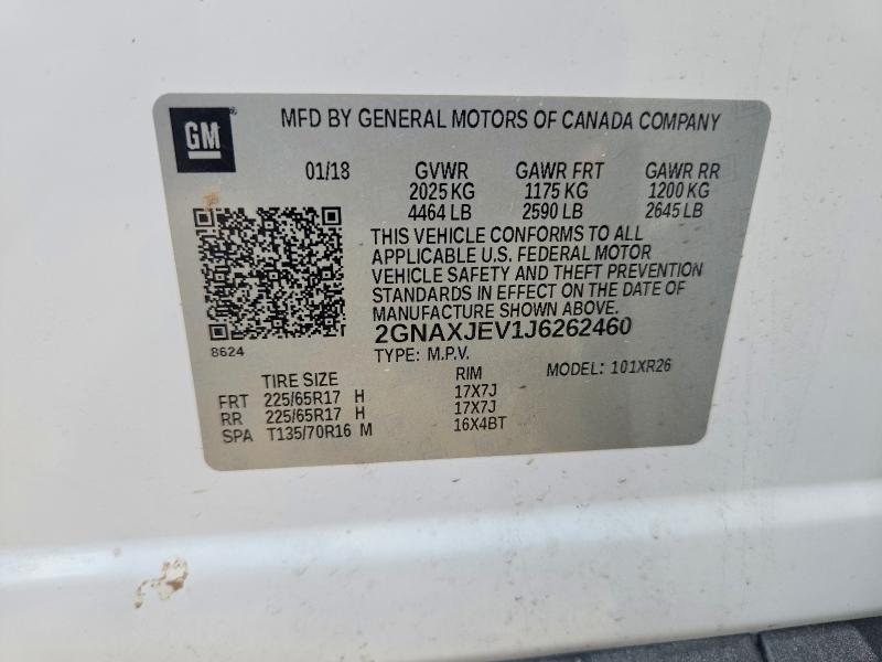 Aukcja sprzedaży 2018 Chevrolet Equinox, vin: 2GNAXJEV1J6262460, numer aukcji: 62235266