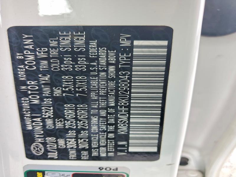 2019 Hyundai Santa Fe Xl მანქანა იყიდება აუქციონზე, vin: KM8SMDHF8KU298043, აუქციონის ნომერი: 59395296
