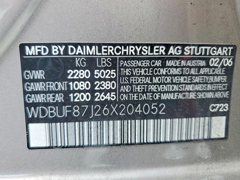 61916856 :رقم المزاد ، WDBUF87J26X204052 vin ، 2006 Mercedes-benz E مزاد بيع