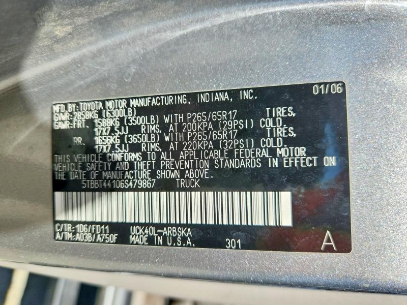 61810536 :رقم المزاد ، 5TBBT44106S479867 vin ، 2006 Toyota Tundra مزاد بيع