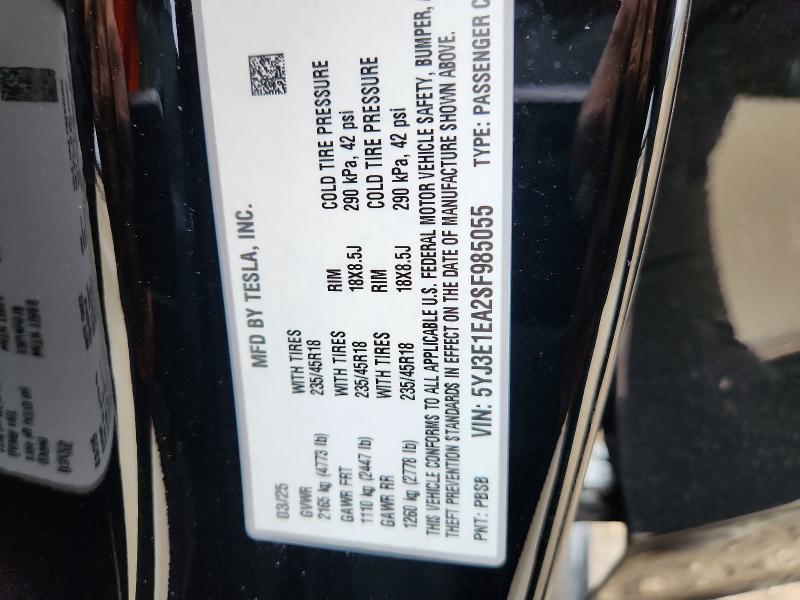 Aukcja sprzedaży 2025 Tesla Model 3, vin: 5YJ3E1EA2SF985055, numer aukcji: 60230176