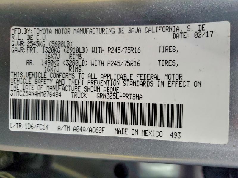 60744926 :رقم المزاد ، 3TMCZ5AN4HM076484 vin ، 2017 Toyota Tacoma مزاد بيع