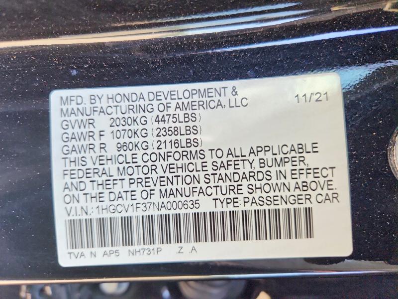 2022 Honda Accord მანქანა იყიდება აუქციონზე, vin: 1HGCV1F37NA000635, აუქციონის ნომერი: 61719446