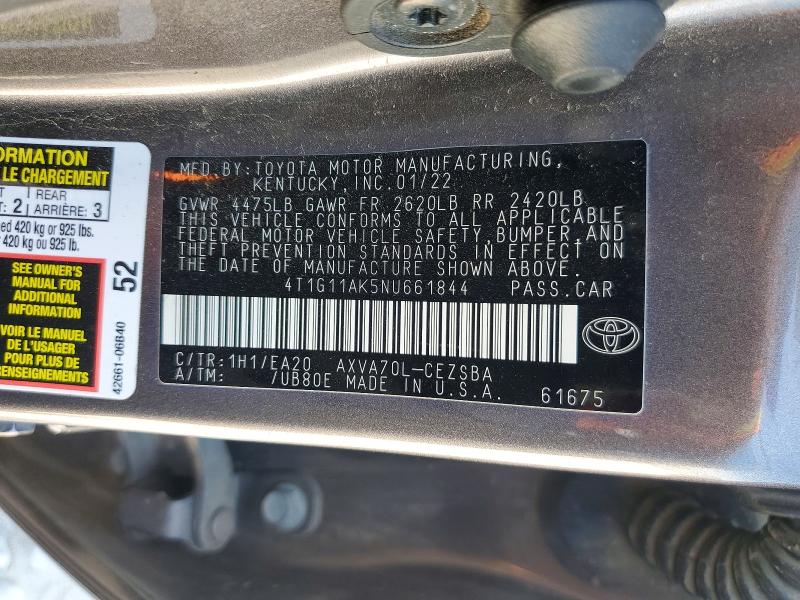 Продажа на аукционе авто 2022 Toyota Camry, vin: 4T1G11AK5NU661844, номер лота: 61764776