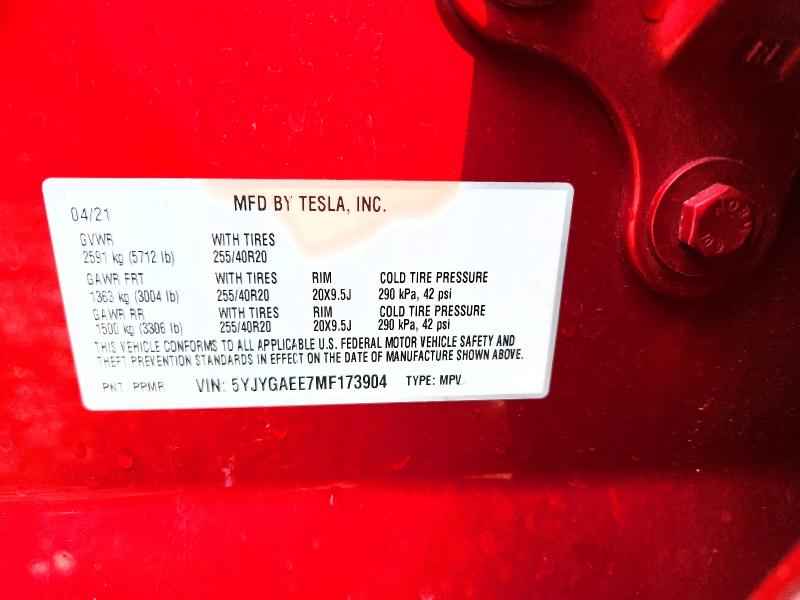 2021 Tesla Model Y მანქანა იყიდება აუქციონზე, vin: 5YJYGAEE7MF173904, აუქციონის ნომერი: 60394526