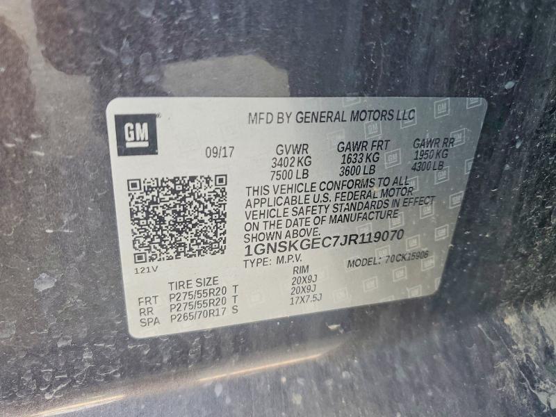 2018 Chevrolet Suburban მანქანა იყიდება აუქციონზე, vin: 1GNSKGEC7JR119070, აუქციონის ნომერი: 62339836