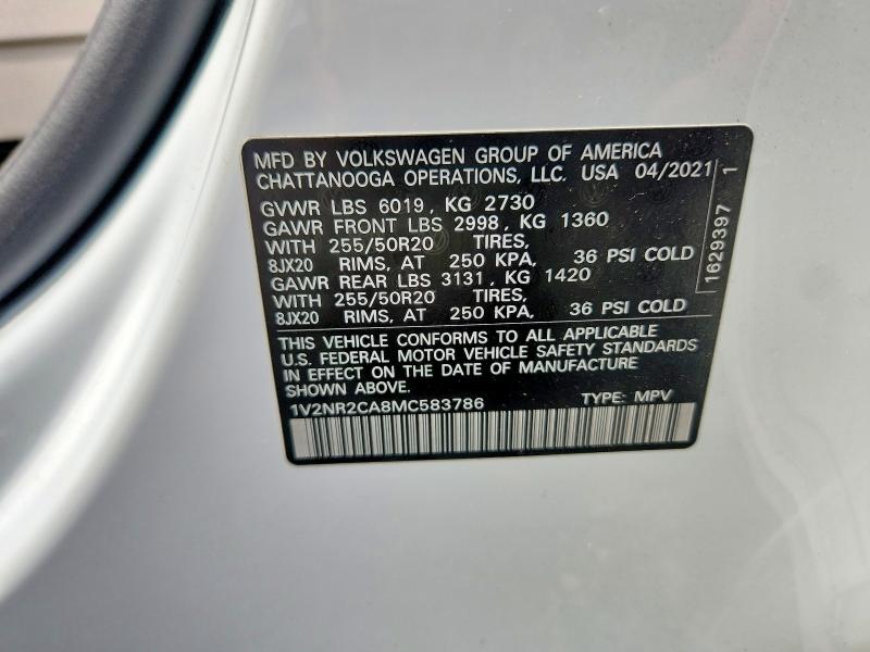 62197756 :رقم المزاد ، 1V2NR2CA8MC583786 vin ، 2021 Volkswagen Atlas مزاد بيع