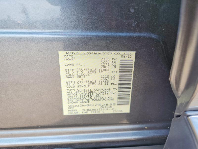 2015 Nissan Murano მანქანა იყიდება აუქციონზე, vin: 5N1AZ2MH3FN262835, აუქციონის ნომერი: 61745776