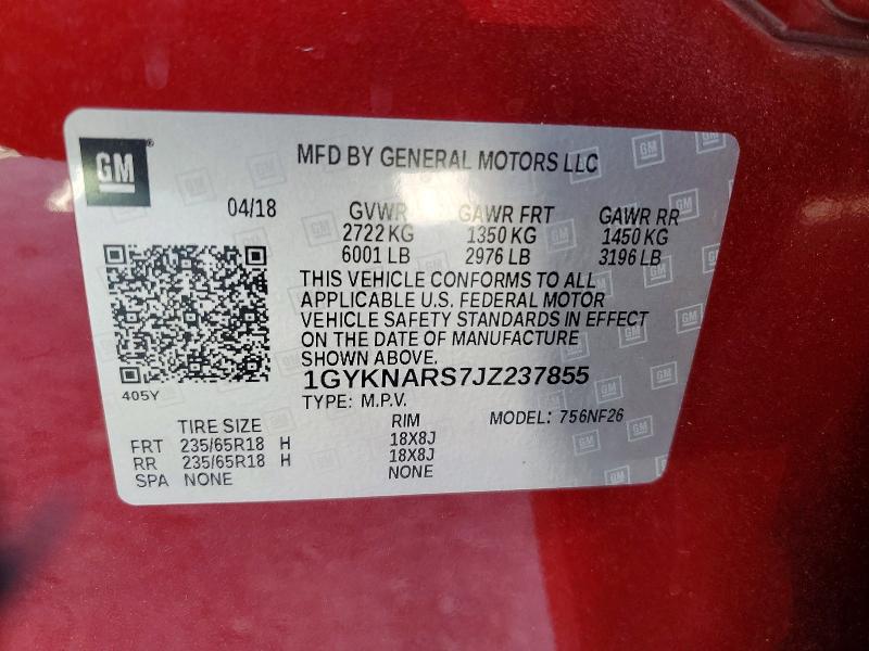 2018 Cadillac Xt5 მანქანა იყიდება აუქციონზე, vin: 1GYKNARS7JZ237855, აუქციონის ნომერი: 62998266