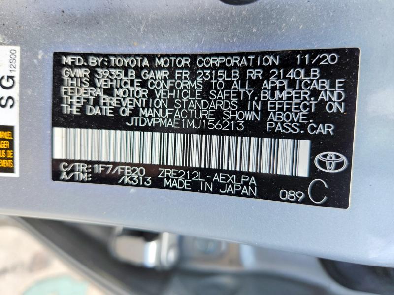 Продаж на аукціоні авто 2021 Toyota Corolla, vin: JTDVPMAE1MJ156213, номер лоту: 61092666