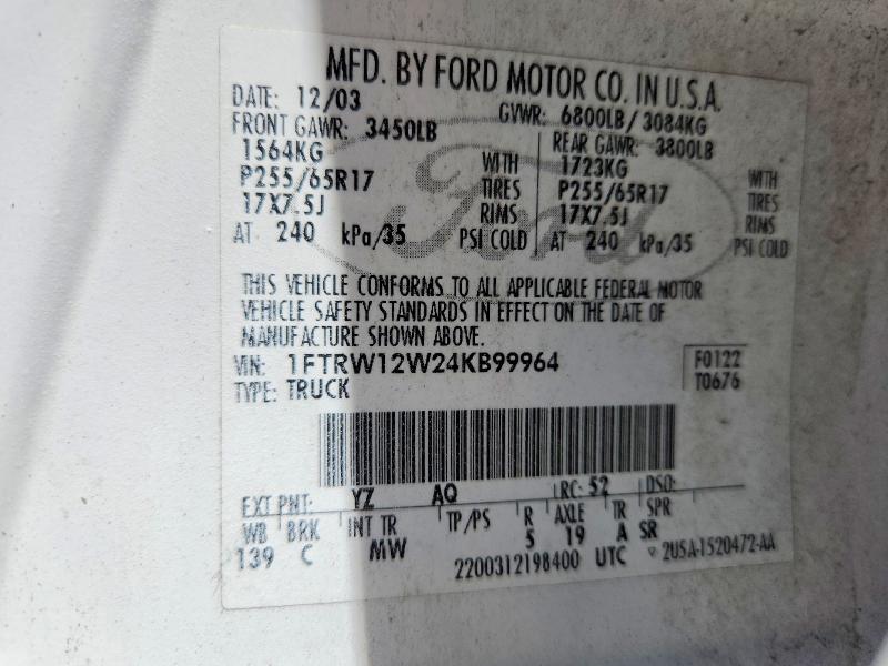 Aukcja sprzedaży 2004 Ford F150, vin: 1FTRW12W24KB99964, numer aukcji: 55521316