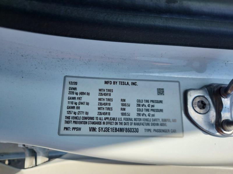 Продаж на аукціоні авто 2021 Tesla Model 3, vin: 5YJ3E1EB4MF860330, номер лоту: 61803106