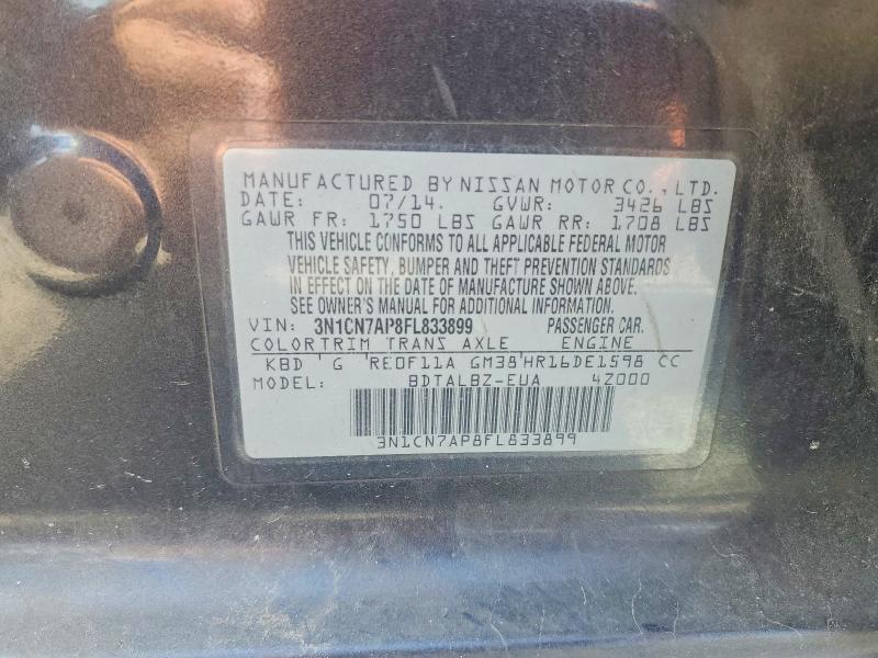 2015 Nissan Versa მანქანა იყიდება აუქციონზე, vin: 3N1CN7AP8FL833899, აუქციონის ნომერი: 59989916