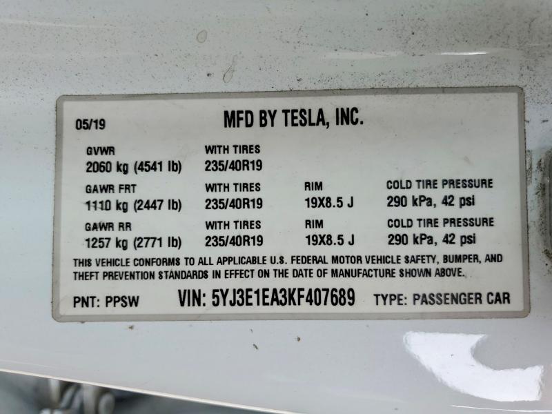 Aukcja sprzedaży 2019 Tesla Model 3, vin: 5YJ3E1EA3KF407689, numer aukcji: 61181356
