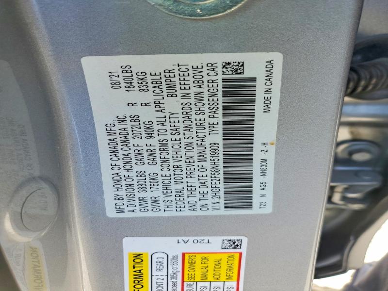 Aukcja sprzedaży 2022 Honda Civic, vin: 2HGFE2F58NH519909, numer aukcji: 59390616