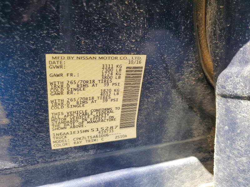 2017 Nissan Titan მანქანა იყიდება აუქციონზე, vin: 1N6AA1EJ5HN515287, აუქციონის ნომერი: 60191916