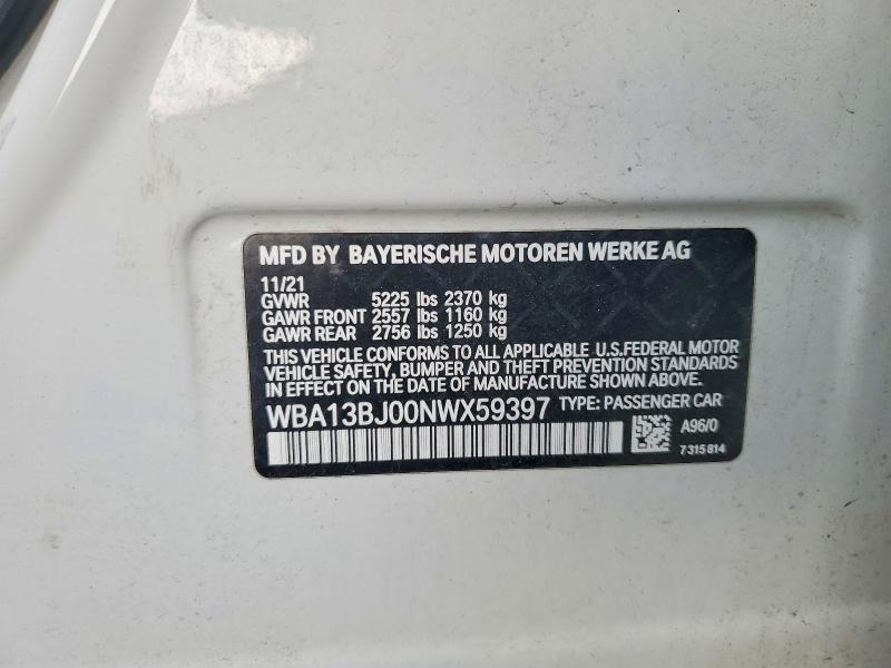 2022 Bmw 530 მანქანა იყიდება აუქციონზე, vin: WBA13BJ00NWX59397, აუქციონის ნომერი: 63115646