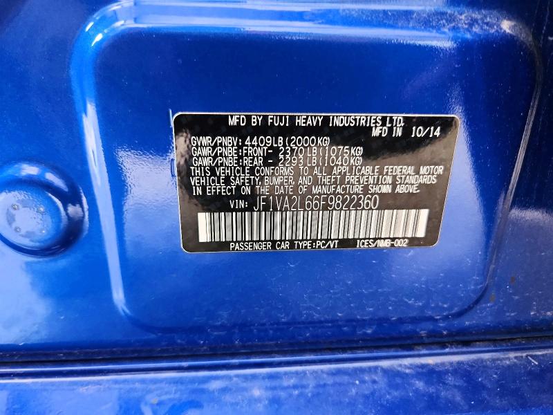 Aukcja sprzedaży 2015 Subaru Wrx, vin: JF1VA2L66F9822360, numer aukcji: 61045476
