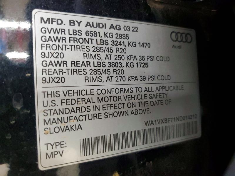 2022 Audi Q7 მანქანა იყიდება აუქციონზე, vin: WA1VXBF71ND014212, აუქციონის ნომერი: 59135996