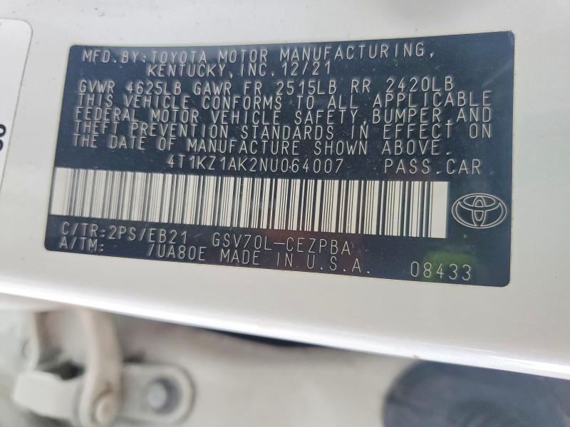 Продажа на аукционе авто 2022 Toyota Camry, vin: 4T1KZ1AK2NU064007, номер лота: 60192636
