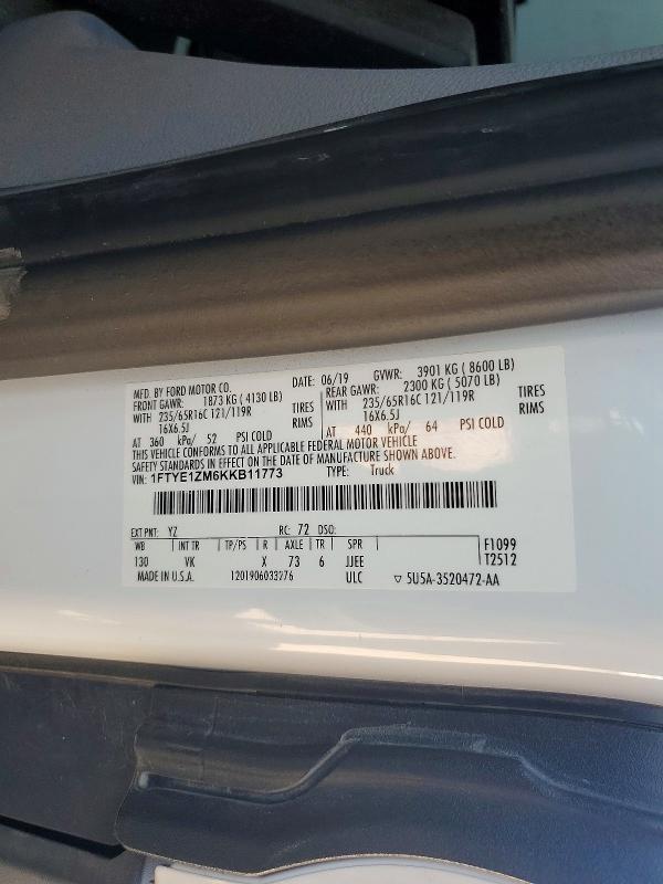 Продажа на аукционе авто 2019 Ford Transit, vin: 1FTYE1ZM6KKB11773, номер лота: 59882066