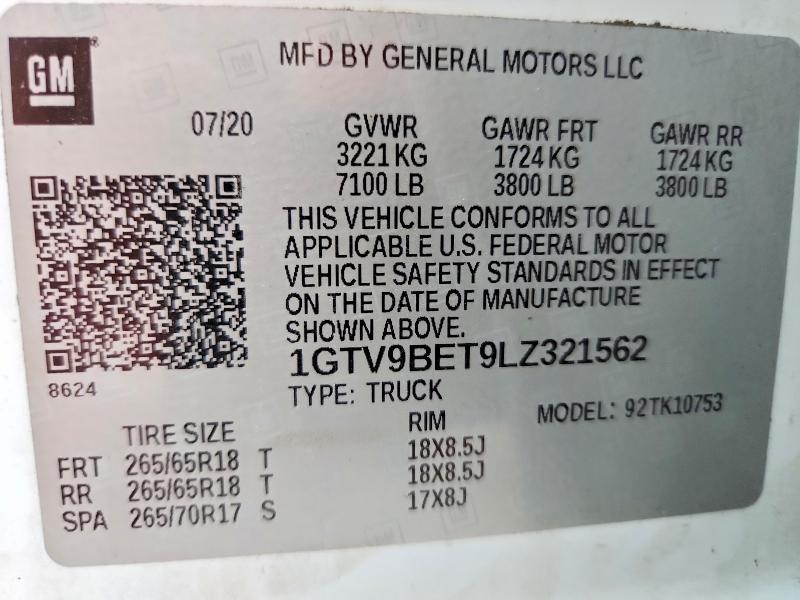 Продаж на аукціоні авто 2020 Gmc Sierra, vin: 1GTV9BET9LZ321562, номер лоту: 62605196