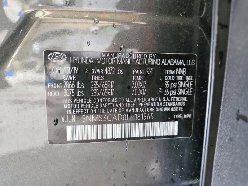 2020 Hyundai Santa Fe მანქანა იყიდება აუქციონზე, vin: 5NMS3CAD8LH181565, აუქციონის ნომერი: 85969765