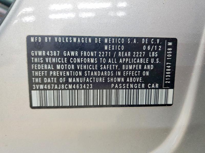 2012 Volkswagen Jetta მანქანა იყიდება აუქციონზე, vin: 3VW467AJ8CM463423, აუქციონის ნომერი: 63286116