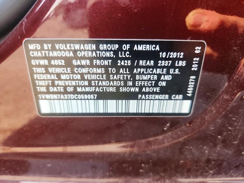 Aukcja sprzedaży 2013 Volkswagen Passat, vin: 1VWBN7A37DC059057, numer aukcji: 61162756