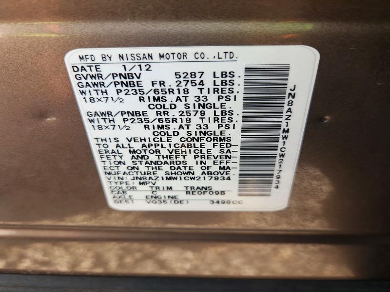 Aukcja sprzedaży 2012 Nissan Murano, vin: JN8AZ1MW1CW217934, numer aukcji: 61056686