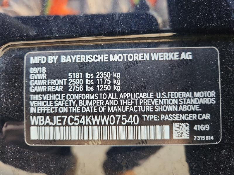 Aukcja sprzedaży 2019 Bmw 540, vin: WBAJE7C54KWW07540, numer aukcji: 73344145