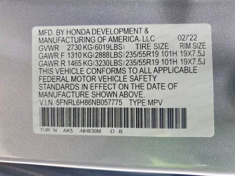 2022 Honda Odyssey მანქანა იყიდება აუქციონზე, vin: 5FNRL6H86NB057775, აუქციონის ნომერი: 60618726
