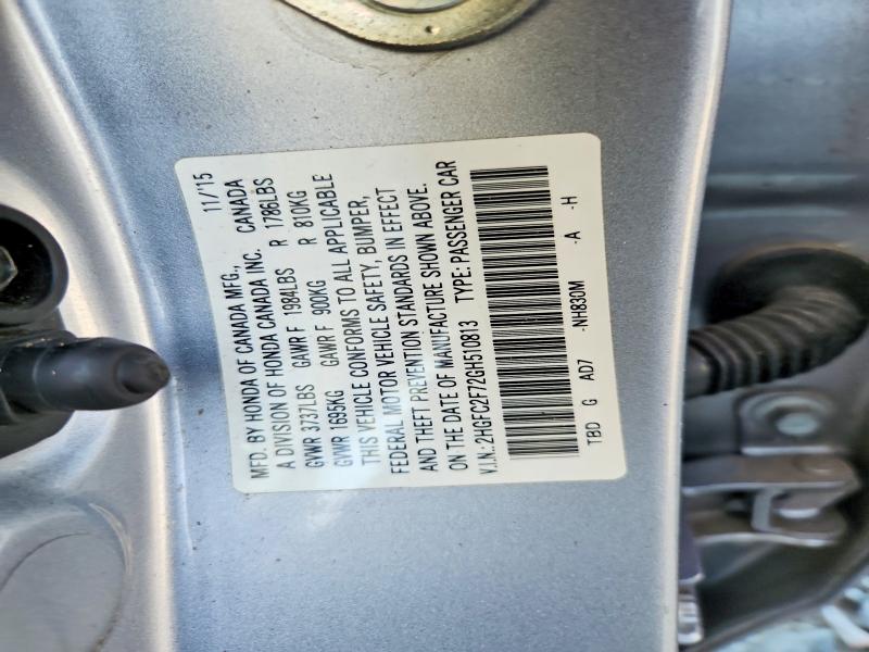 Продажа на аукционе авто 2016 Honda Civic, vin: 2HGFC2F72GH510813, номер лота: 63155506