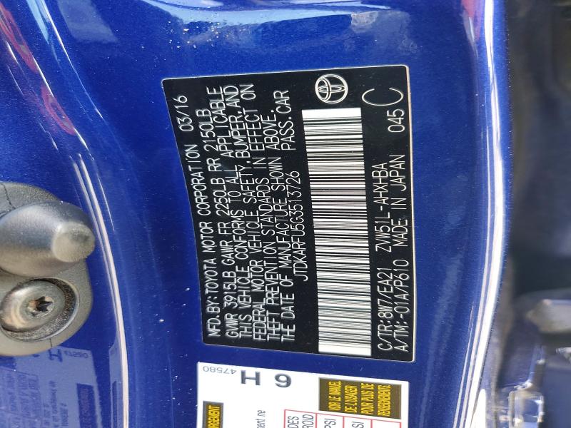 59394506 :رقم المزاد ، JTDKARFU5G3513726 vin ، 2016 Toyota Prius مزاد بيع
