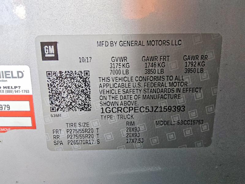 Продаж на аукціоні авто 2018 Chevrolet Silverado, vin: 1GCRCPEC5JZ159393, номер лоту: 58530696