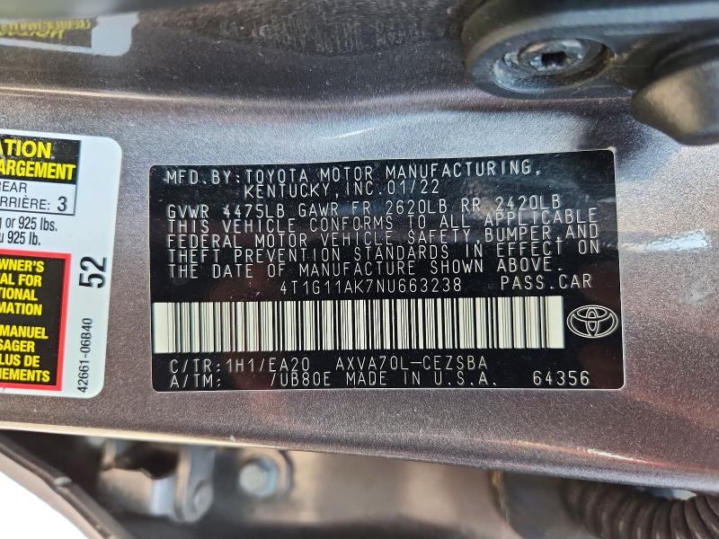 62897046 :رقم المزاد ، 4T1G11AK7NU663238 vin ، 2022 Toyota Camry مزاد بيع