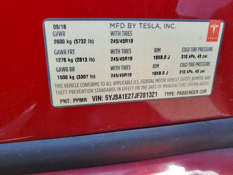 61414956 :رقم المزاد ، 5YJSA1E27JF281321 vin ، 2018 Tesla Model S مزاد بيع